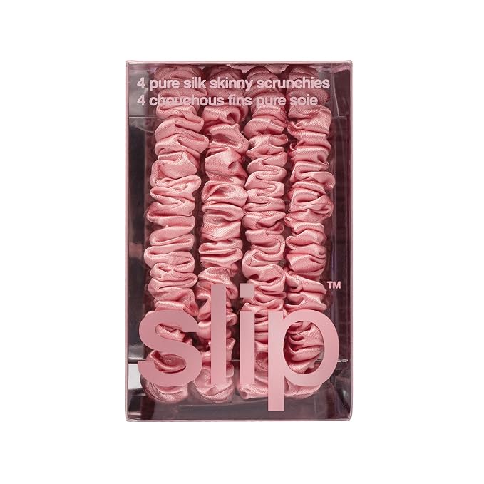 Slip Silk Hair Ties — Skinny Silk Rose Scrunchies, No Damage, No Crease, Anti-Breakage |100% Mulberry Silk | All Hair Types | Made with Proprietary Slipsilk™ | Set of 4