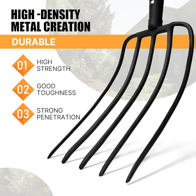 KOLEIYA 5-Tine Pitchfork for Gardening, 57-Inch Heavy Duty Garden Fork with Orange Fiberglass Handle for Compost, Mulch and Manure