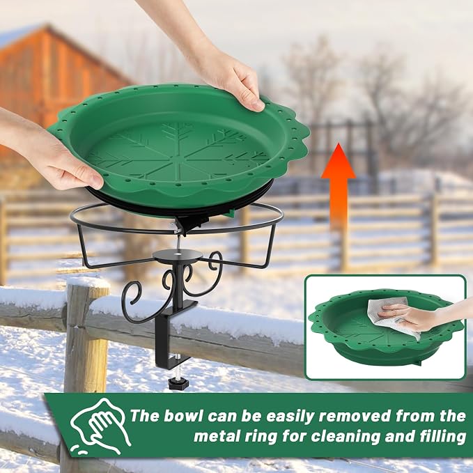 Heated Bird Baths for Outdoors, 100W Heated Bird Bath for Deck Railing, Heated Birdbath with Thermostat Control, Heated Bird Bath for Outside Winter Garden Patio Yard (Green)