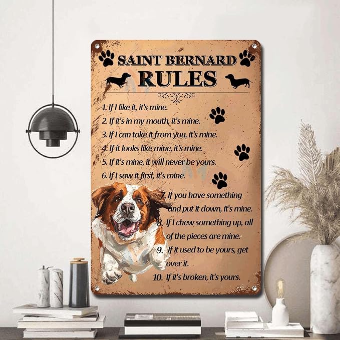Metal Sign Tin Sign Vintage Wall Art Saint Bernard Rules Bar Signs for Home Decor for Room 6×8 Inches