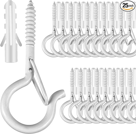 FSAH 25 PCS Screw-in Hooks for Outdoor String Lights, Q Hangers Hooks Outdoor for Outside, Swivel Hanging Basket Patio Light Hooks with Safe Buckle Screw in Planter Eye Hook for Wall Ceiling, White