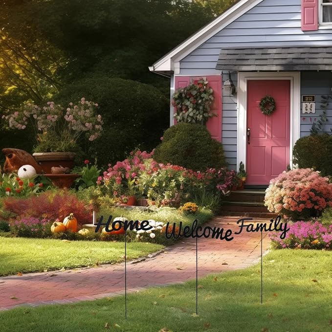 Metal Letter Welcome Yard Sign with Stake Outdoor Decorations Garden Lawn Front Porch Outside Letter Yard Sign Garden Stake Decor (Welcome Home Family)