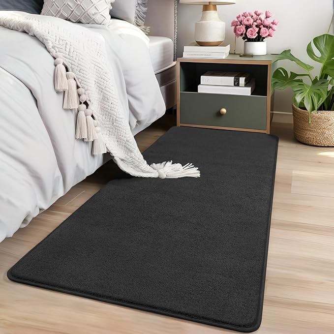 AROGAN Small Area Rugs for Bedroom, 2×4 Non Slip Runner Rug, Black | Washable Fluffy Carpet with Memory Foam, Indoor Rug Runner for Kitchen, Bedside, Entryway Bathroom Home Decor