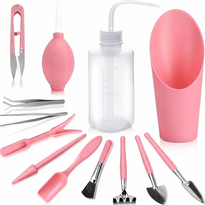 Succulent Tools, 13 Pcs Mini Garden Tool Set, Transplanting Tools Set,Succulent Care kit for Succulent Miniature Gardening Plant, Pink