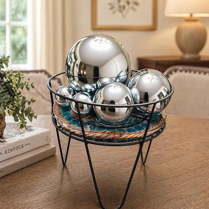 Gazing Ball Garden Mirror Outdoor, Outside Decorative Globe Silver 5Pcs Mix | Metal Polished Reflective Sphere, Stainless Steel Hollow Decoration Ornament for Home Pond Swimming Pool Housewarming Gift