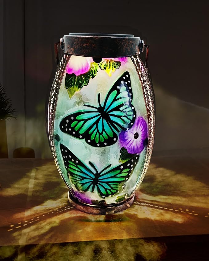 Butterfly Solar Lanterns Glass & Metal Hanging Solar Lantern Outdoor Waterproof 13.8" H Tabletop Light for Garden Patio Table Decor Mother's Day Gift
