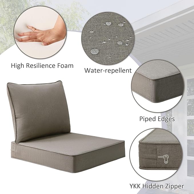 Unimatta Sunbrella Outdoor Patio Chair Cushions Set, 24" x 24", Set of 2, Water-Repellent, Fade Resistant, Deep Seat Cushion for Backyard, Couch, Sofa and Patio Furniture, Cast Shale