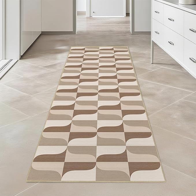Modern Geometric Runner Rug 2x6 for Hallway Kitchen Bedroom Neutral Beige Brown Abstract Mid Century Modern Runner Rugs Machine Washable Non-Slip Print Low Pile Long Floor Carpet for Entryway Bathroom