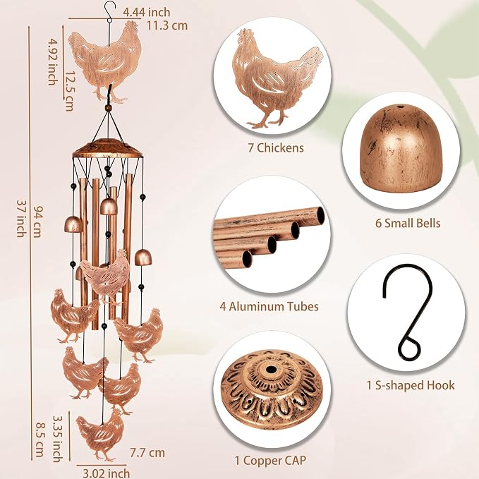 GDNSFIT Chicken Wind Chimes for Outside, Metal Windchimes Outdoors, Chicken Gifts for Women/Men, Memorial/Birthday Gifts, Garden Decor for Outside, Patio or Yard, Durable Chimes for Outdoors