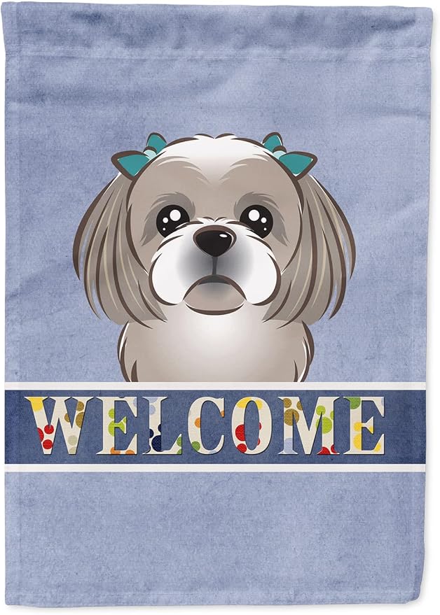 Caroline's Treasures BB1436GF Gray Silver Shih Tzu Welcome Garden Flag, Blue Mailbox Flag Decorative Yard Flag Banner Outside Patio Artwork Yard Flower Beds, Garden Size, Multicolor
