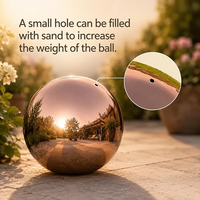 Gazing Ball Garden Mirror Outdoor, 8inch Outside Decorative Globe Rose Gold | Metal Polished Reflective Sphere, Stainless Steel Hollow Decoration Ornament for Home Pond Swimming Pool Housewarming Gift