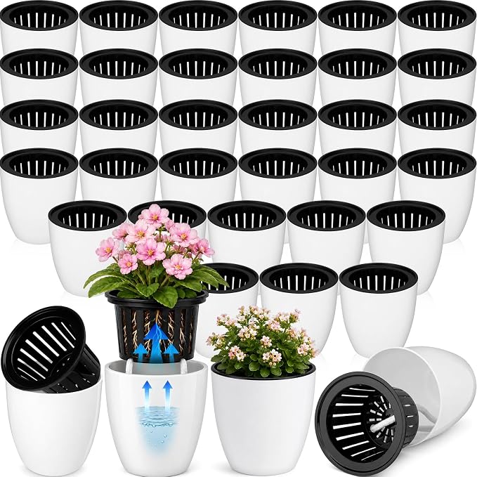 36 Pcs Self Watering Pots, 3.5 Inch Plastic Flower Plant Pot with Inner Pot Self Watering Wick Planter White Flower Pots for Indoor House Plants Herbs, Flowers, Succulents (White Black)