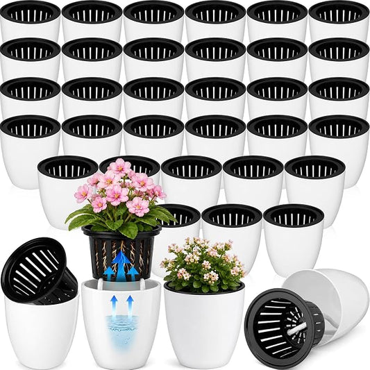 36 Pcs Self Watering Pots, 3.5 Inch Plastic Flower Plant Pot with Inner Pot Self Watering Wick Planter White Flower Pots for Indoor House Plants Herbs, Flowers, Succulents (White Black)
