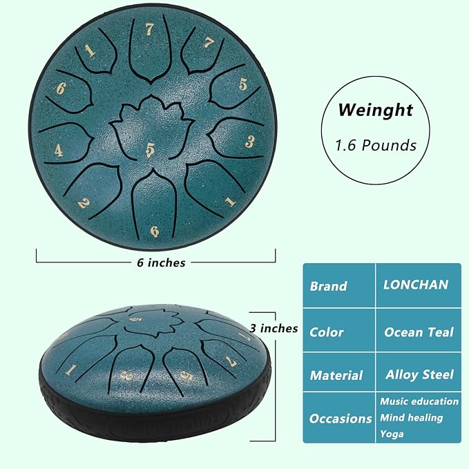 Steel Tongue Drum 11 Notes 6 Inches, Rain Drum for Outside with Bag, Music Book, Mallets, Finger Picks, Stickers – Meditation & Yoga Steel Drum