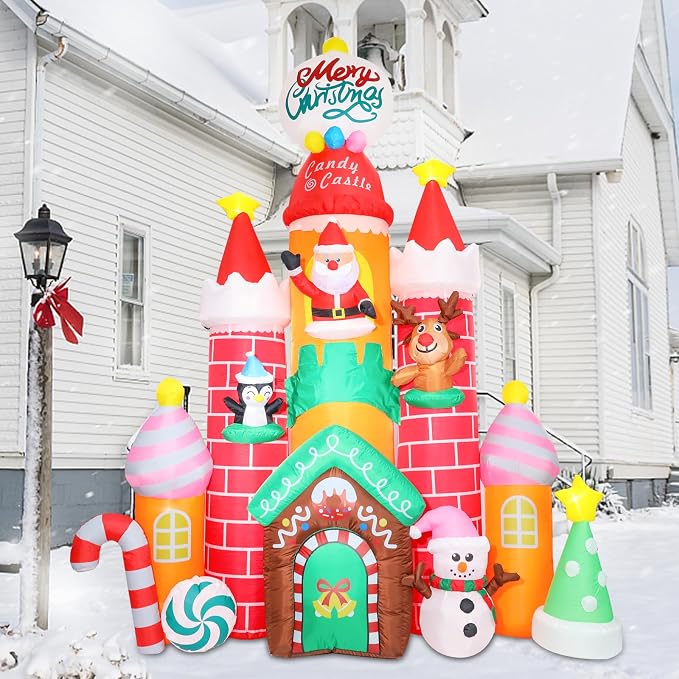 MUMTOP 10FT Christmas Inflatables Outdoor Decoration, Candy Castle Christmas Inflatable with Santa,Snowman,Elk,Penguin and Built-in Led Lights Blow Up Inflatable for Outdoor Party Garden Decoration
