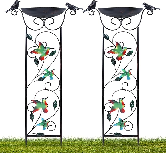 hogardeck 2 Pack 35” Metal Bird Bath with Garden Trellis for Climbing Plants Outdoor, Vintage Hummingbirds Decorative Birdbath, Garden Decor Metal Plant Support for Climbing Flowers