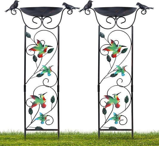 hogardeck 2 Pack 35” Metal Bird Bath with Garden Trellis for Climbing Plants Outdoor, Vintage Hummingbirds Decorative Birdbath, Garden Decor Metal Plant Support for Climbing Flowers
