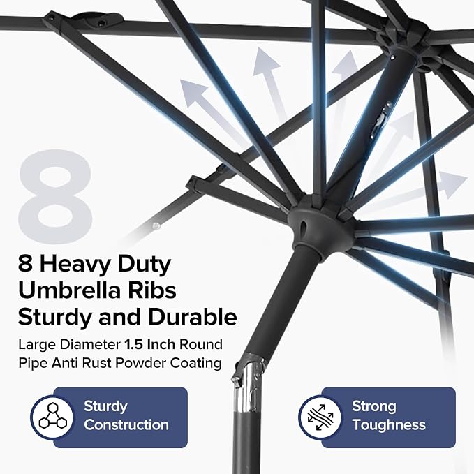 NEWBULIG 10ft Solar Patio Umbrella with 32 LED Lights, Table Market Umbrella with Tilt Adjustment & Crank Lift, Outdoor Sun Umbrella for Garden, Deck, Backyard, Pool and Beach