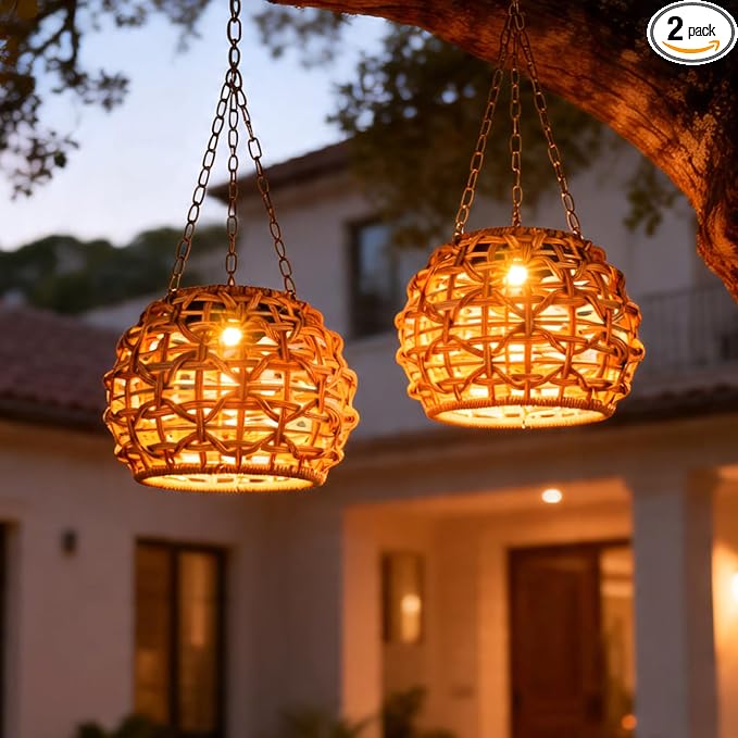 2 Pack Solar Lanterns Outdoor Waterproof, Hanging Solar Lights for Outside with Upgraded Bright LED, Boho Rattan Lantern, Outdoor Chandelier Lights for Garden, Yard, Porch, Patio, Backyard, Gifts