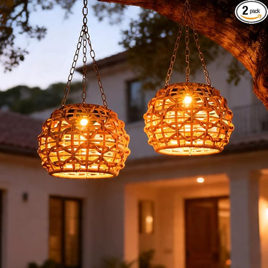 2 Pack Solar Lanterns Outdoor Waterproof, Hanging Solar Lights for Outside with Upgraded Bright LED, Boho Rattan Lantern, Outdoor Chandelier Lights for Garden, Yard, Porch, Patio, Backyard, Gifts