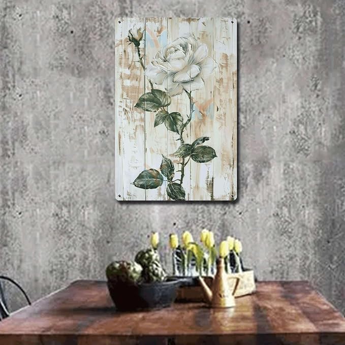 Metal Sign Tin Sign Vintage Wall Art Shabby Chic Rose Tin Sign for Antique Style Decor Rustic Wall Art and White Rose Admirers Boho Bedroom Decorations for Club 8×12 Inches