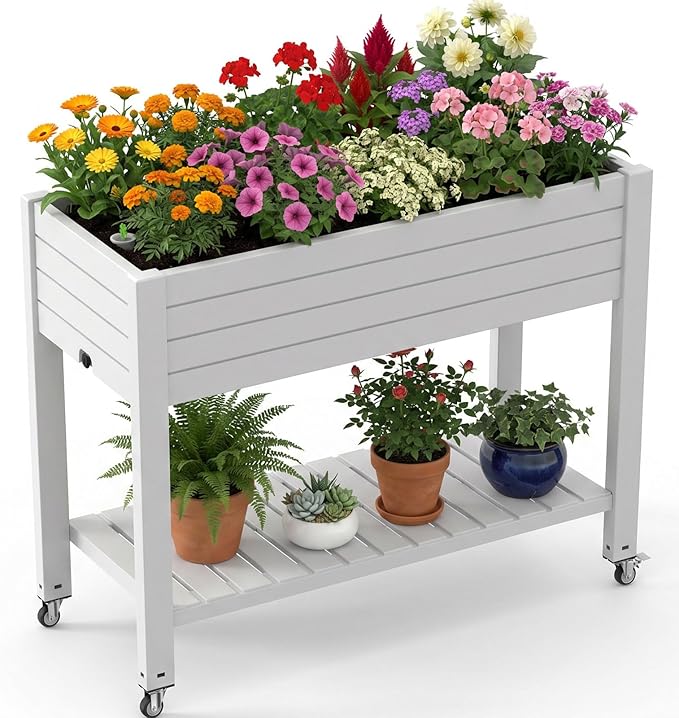 EFU Raised Garden Beds Outdoor, with Wheels & Extra Storage Shelf, Water Level Monitoring, Elevated Garden Bed, 21 Gallon Planter Raised Beds for Vegetables, Fruits, Backyard, Patio (Grayish White)