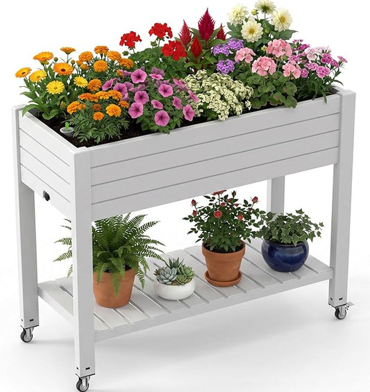 EFU Raised Garden Beds Outdoor, with Wheels & Extra Storage Shelf, Water Level Monitoring, Elevated Garden Bed, 21 Gallon Planter Raised Beds for Vegetables, Fruits, Backyard, Patio (Grayish White)