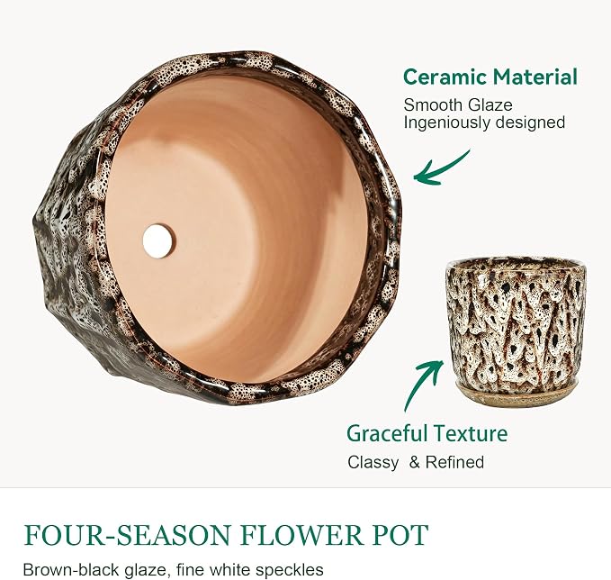 10 Inch Ceramic Plant Pot with Drainage Hole Mesh Net, Large Flower Pots for Indoor Plants with Saucer, Gardening Pots Outdoor