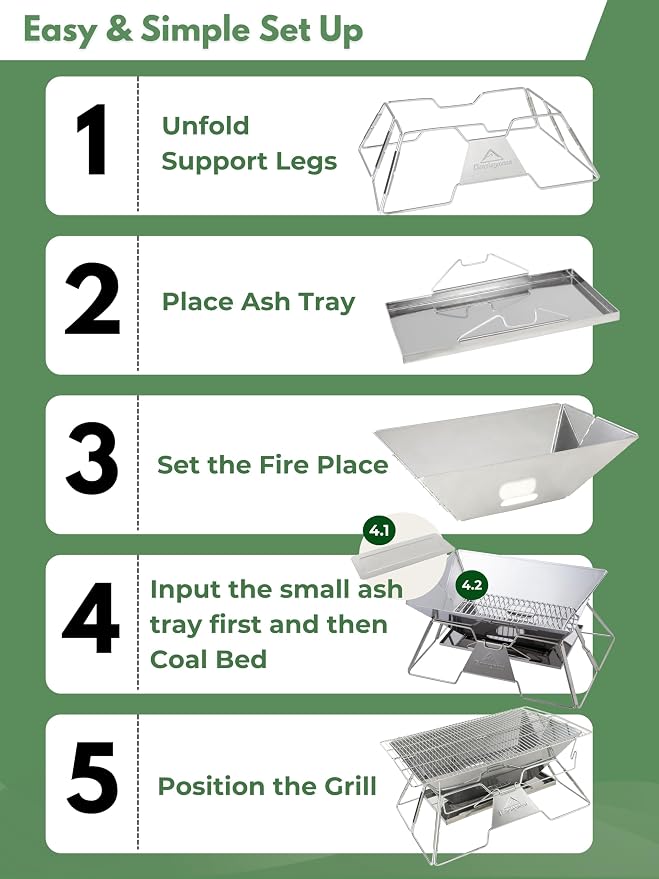 CAMPINGMOON Large Portable Campfire Fire Pit BBQ Grill Stainless Steel Foldable Collapsible Wood Burning Charcoal Grill for Heavy Duty Outdoor Cooking RV Camping, 20x13-inch, Carry Bag included MT-3