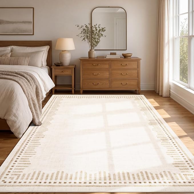 Garvee 4x6 Scalloped Area Rugs Living Room Bedroom Washable Neutral Rug | Modern Gometric Beige Solid Color Nursery Rugs Low Pile Stain Resistant Non Slip Kitchen Entry Home Office Throw Carpet