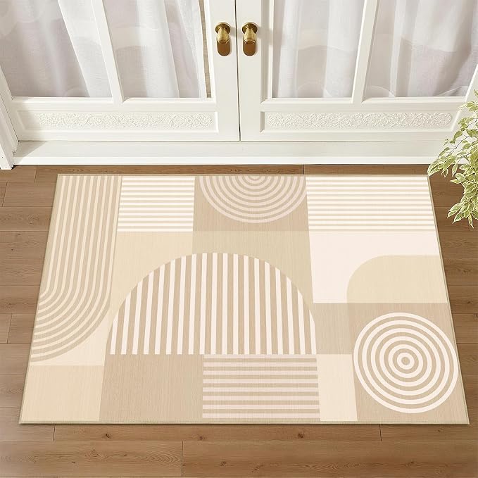 Beige Geometric Rug 2x3 for Entryway Machine Washable White Mid Century Modern Rug Non Slip Low Pile Minimalist Line Rugs Door Indoor Mat Carpet for Bathroom Bedroom Kitchen Laundry,Beige