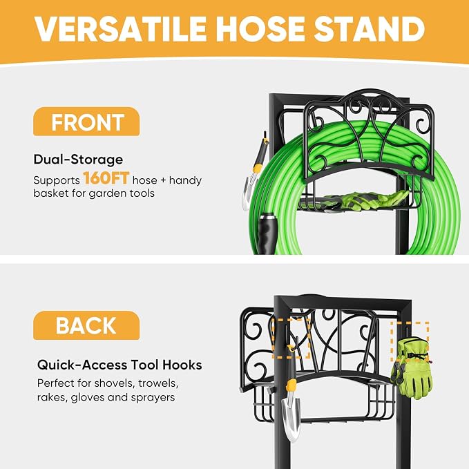 Heavy-Duty Garden Hose Holder with Storage Basket and Tool Hooks, XEAPOMS Stable Hose Hanger Metal Garden Hose Storage Holds 160Ft, Rustproof Freestanding Water Hose Holder for Outside,Yard,Lawn,Farm