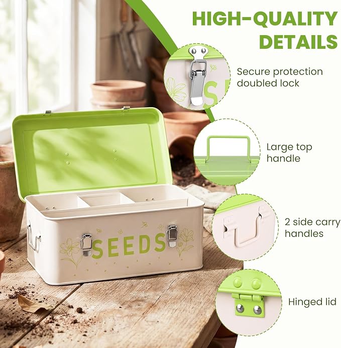 Seed Storage Organizer with Lid, Metal Seed Bin Seed Packet Container with 100 Plant Labels 50 Seed Envelopes 50 Plant Clips 1 Marker Pen, 4 Compartments Box with Locks