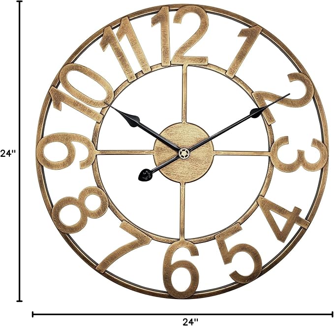 24 Inch Large Outdoor Clock for Patio, Porch, Pool Area, Indoor Outdoor Wall Clock Waterproof Silent Analog Battery Operated for Kitchen, Living Room Decor - Vintage Gold