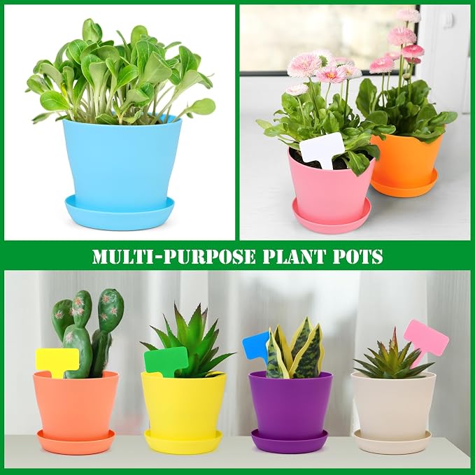 Hahood 48 Pack Plastic Planters 4 Inch Flower Plant Pots Indoor Set Thickened Seedling Nursery Pots Seed Starting Pots with Drainage Holes Saucers, Mini Garden Tools for Home Office Garden, Multicolor