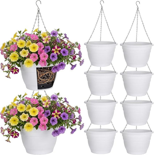 10 Pack 11 Inch Plastic Hanging Planter Bulk White Hanging Baskets for Plants with Drainage Trays Self Watering Plant Pot Outdoor Indoor Planter for Garden, Balcony, Porch, Patio Decor