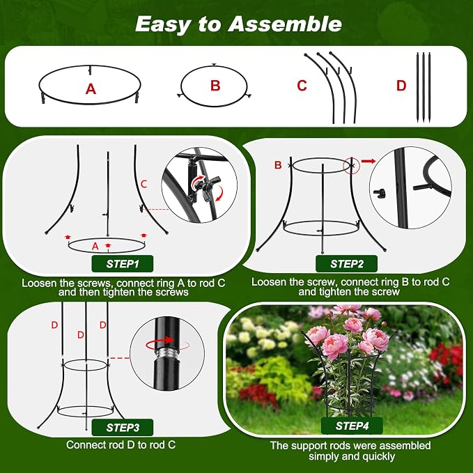 4 Pack Peony Cages and Supports, 12.5" Dx24 H Plant Supports for Outdoor Plants, Double-Ring Metal Peony Support Cage, Natural Bouquet Shape Plant Support Rings for Rose Tomato Hydrangea Strawberry