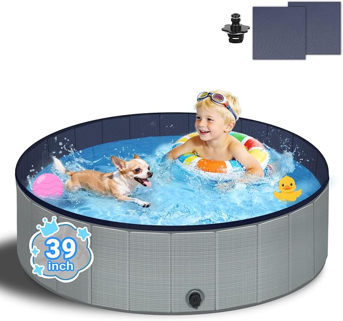 Dog Kiddie Pool for Small Medium Dogs, Kids, 39" Gray | Includes Repair Patches, Non-Slip Bottom, Scratch-Resistant, Collapse Prevention, Indoor & Outdoor Use, Easy Maintenance