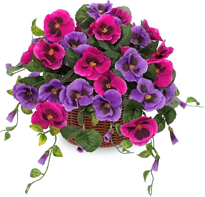Briful Artificial Pansy Flowers, Potted Faux Cascading Flowers in Basket, Farmhouse Table Decor, Livingroom Dining Table Decor, Entryway Tabletop Décor Fake Flowers for Home Indoor, Fuchsia