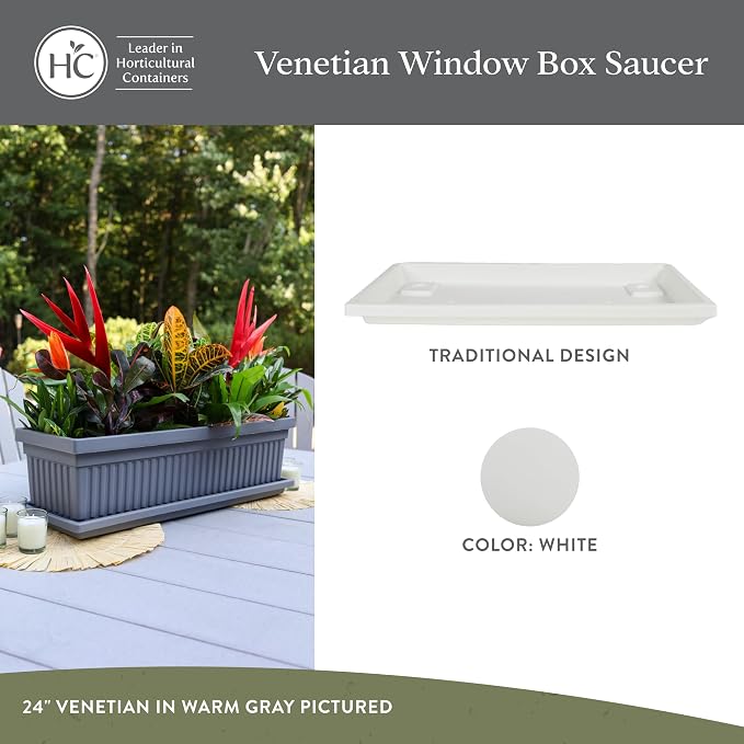The HC Companies Venetian Rectangular Plant Tray - Lightweight Plastic Plant Saucer - Plant Drip Trays for Drainage - UV Resistant Pot Saucer for Indoor & Outdoor Use (17.5” White, Pack of 1)
