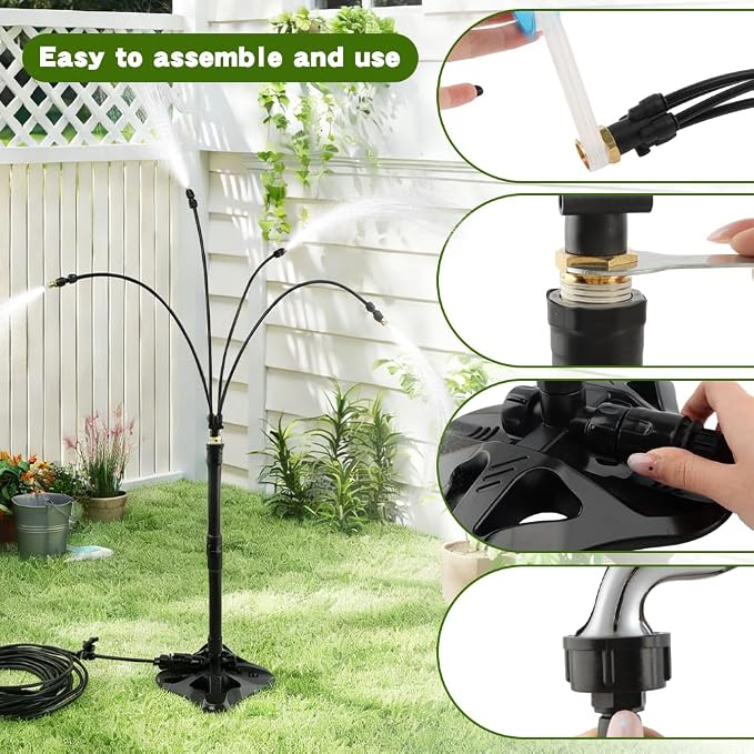 Standing Misters for Outside Patio, 35Inch Adjustable Height Misting Sprinkler with 4 Nozzles, Cooling Misting System Line 26.25FT, Anti-Leak Design, Outdoor Mister for Garden, Backyard, BBQ