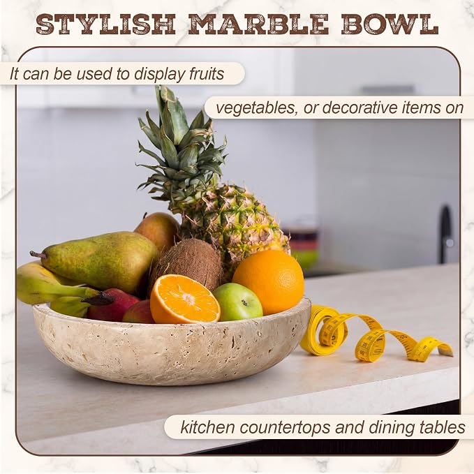 LemonRoad Travertine Decorative Bowl 7.8"x 2" Marble Round Stone Bowl for Entryway Key, Fruit, Kitchen Counter, Dining Table Centerpiece, Office Decor(Beige)
