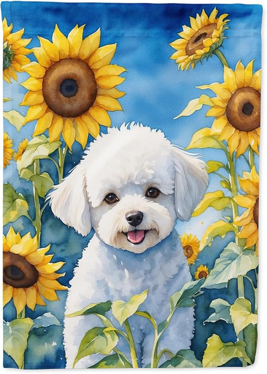 Caroline's Treasures DAC6027CHF Bichon Frise in Sunflowers House Flag Large Porch Sleeve Pole Decorative Outside Yard Banner Artwork Wall Hanging, Polyester, House Size, Multicolor