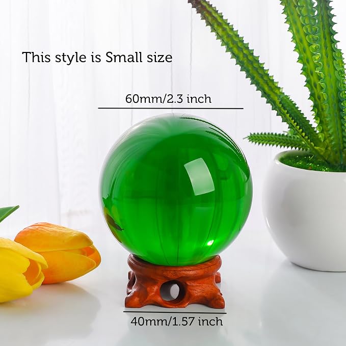 Small Green Crystal Ball 60mm/2.3 inch with Rose Wooden Stand and Gift Box for lensball Photography,Fortune Teller,Feng Shui, Witchcraft Decor,Scrying,Magic,Crystal Orb Prop Decorative Glass Sphere