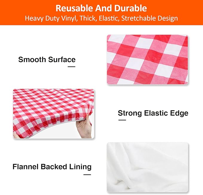 6ft Picnic Table and Bench Cover, Camping Essentials RV Gear, 72in Waterproof Windproof Outdoor Elastic All Around Tablecloth, Fitted Rectangle Tables and Seats, Red-White Checkered