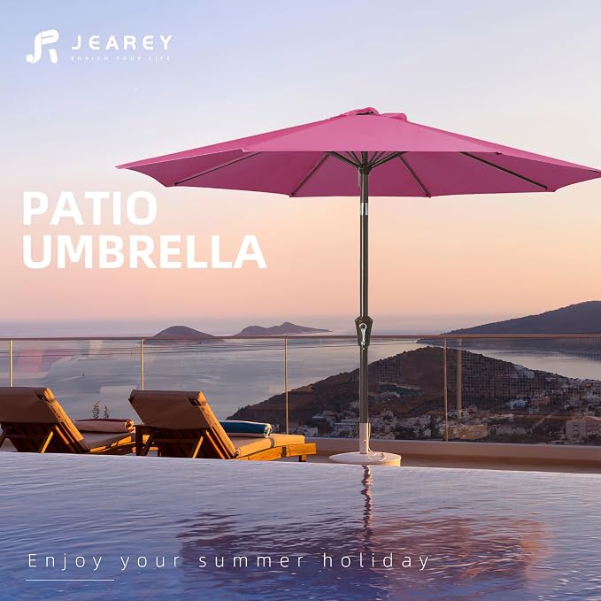 JEAREY 9FT Outdoor Patio Umbrella Outdoor Table Umbrella with Push Button Tilt and Crank, Market Umbrella 8 Sturdy Ribs UV Protection Waterproof for Garden, Deck, Backyard, Pool (Rose Pink)