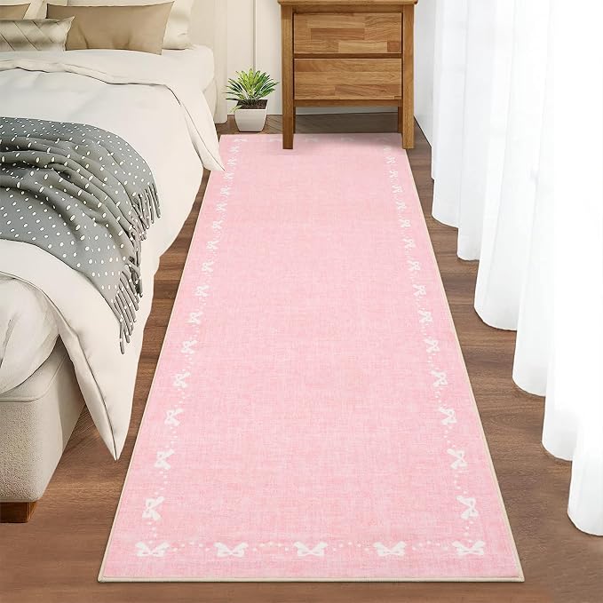 COZYLOOM 2x6 Bow Border Runner Rugs for Entryway, Kitchen Rugs Non Slip Washable, Stain Resistant Modern Solid Color Accent Rug Non Shedding Low Pile Soft Mats for Hallway, Bathroom, Bedroom, Pink