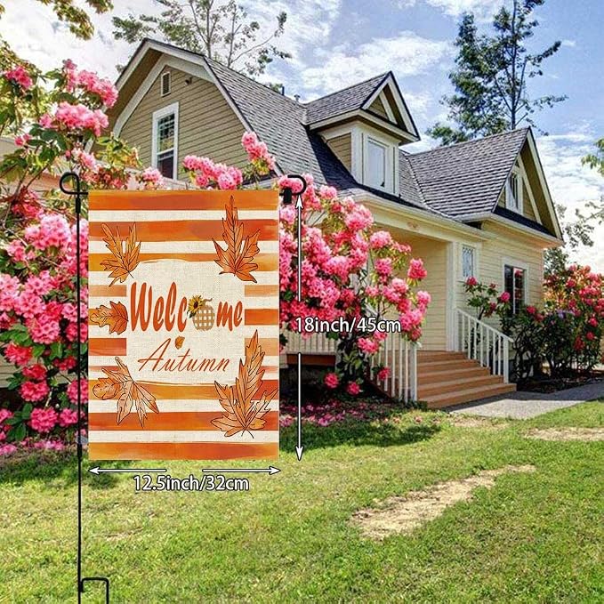 EMMTEEY Welcome Garden Flag Fall Leaf 12.5X18 Double-Sided, Seasonal Yard Flags Welcome Autumn Small Burlap Garden Flags for Outside Front/Back Door