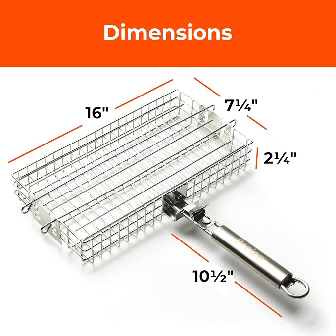 Adjustable Grill Basket with Removable Handle – 4 Height Levels for Vegetables, Meat, Fish & More – Locking Lid - Basting Brush, Scrub Sponge & Storage Bag for Outdoor Cooking