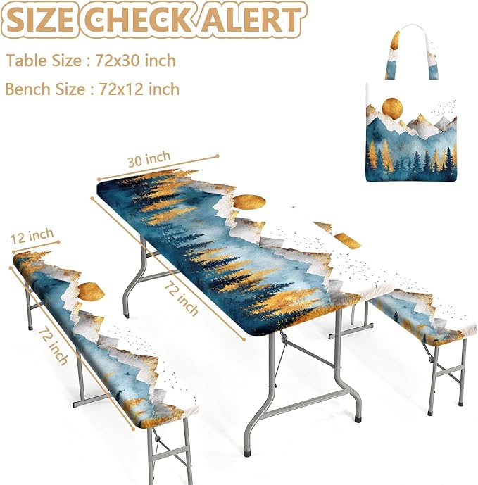 Picnic Table Cover with Bench Covers Elastic Edges, Outdoor Patio Camping Essentials 72 Inch 3PCS, Waterproof Camping Fitted Tablecloth with Handbags (Boho mountain)